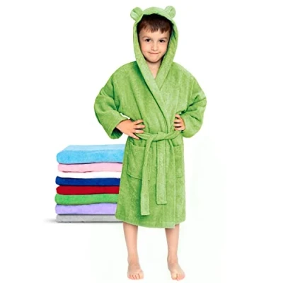 Abbildung von Twinzen Kinderbademantel Mädchen oder Junge 100% Baumwolle Ohne Chemikalien Oeko TEX® 2 Taschen, Gürtel, Kapuze mit Ohren 5 6 Jahre, Grün, Size3