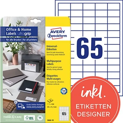 Abbildung von AVERY Zweckform 3666 10 Adressaufkleber (650 Klebeetiketten, 38x21,2 mm auf A4, bedruckbare Absenderetiketten, selbstklebende Adressetiketten mit ultragrip, ideal fürs HomeOffice) Blatt, weiß