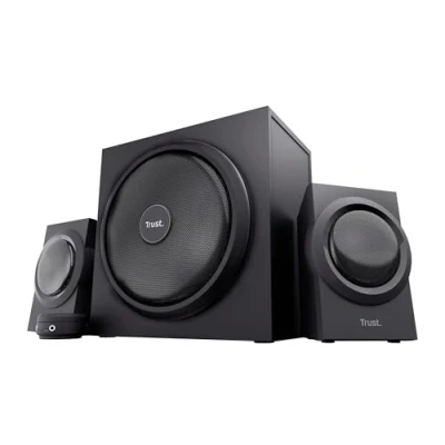 Abbildung von Trust Yuri 2.1 PC Lautsprecher mit Subwoofer, 120W Spitzenleistung, Subwoofer aus Holz einem Starken 5,25 Zoll Basstreiber, Lautstärkeregelung Kopfhörer und Line In Anschluss, Schwarz