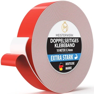 Abbildung von MEISTERWERK Doppelseitiges Klebeband ohne Bohren [EXTRA STARK] Universelles Montageband I stark Doppelklebeband (10m x 24mm)