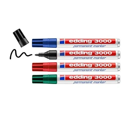 Abbildung von edding 3000 Permanentmarker schwarz, rot, blau, grün 4 Stifte Rund Spitze 1,5 3 mm schnell trocknend, wasserfest, wischfest für Karton, Kunststoff, Holz, Metall Universalmarker