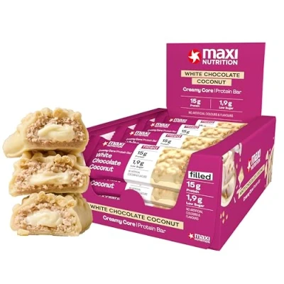 Abbildung von MaxiNutrition Creamy Core Protein Bar White Chocolate Coconut, 12 x 45 g, 33% Eiweiß, 15 g je Riegel, ohne Zuckerzusatz, künstliche Aromen