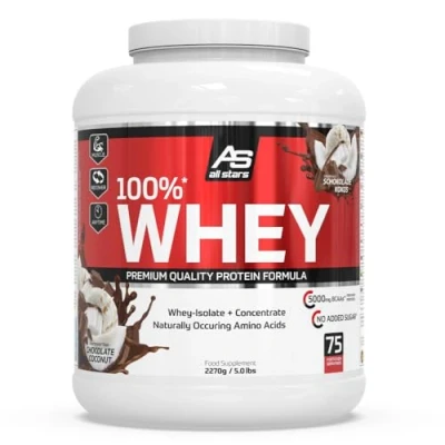 Abbildung von All Stars 100% Whey Protein 2270g I Eiweiß Pulver mit Konzentrat &amp; Isolat leckeres Low Fat Powder hochwertiges cremiger Shake Chocolate Coconut Flavour