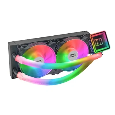 Abbildung von Mars Gaming ML ULTRA240 Schwarz, Flüssig CPU Kühlung, TDP 500W, Infinity Mirror, 2 Silent FDB ARGB Lüfter, Rohre, Universal Multisocket