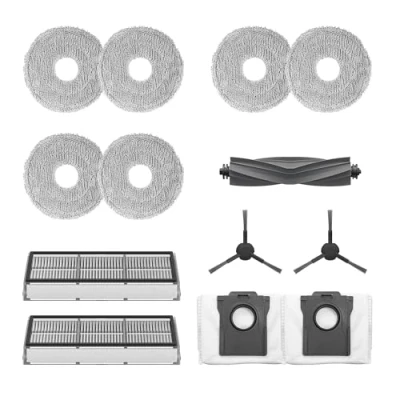 Abbildung von Dreame Zubehörset für L10s Pro Ultra Roboter, enthält 1x Hauptbürste, 2x Seitenbürsten, Staubfilter, Staubauffangbeutel, 6x Mopptücher (3 Paare)