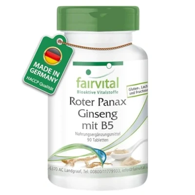 Abbildung von Fairvital Roter Panax Ginseng Extrakt + Vitamin B5 90 Tabletten mit 600mg koreanischem HOCHDOSIERT VEGAN