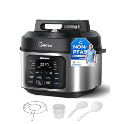 Abbildung von Midea Schnellkochtopf, 9 in 1, Multikocher mit 12 Funktionen, 6 L Reiskocher, Dampfgarer, Joghurtbereiter, Slow Cooker und Sous Vide, Sauteuse, Rezeptbuch, Edelstahl