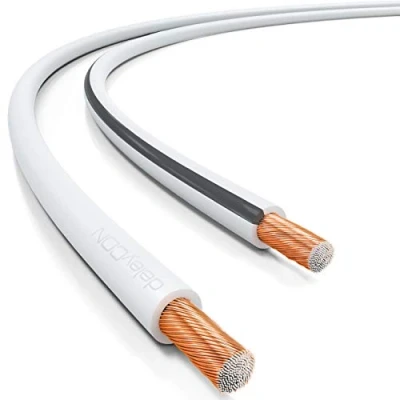 Abbildung von deleyCON 50m Lautsprecherkabel Boxenkabel 2x 0,75mm² Kupferüberzogenes Aluminium CCA Polaritätskennzeichnung 2x24x0,20mm Litze BauPVO/CPR Weiß