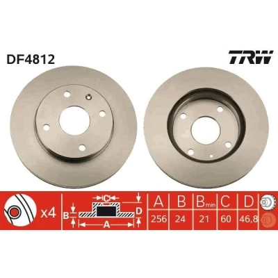 Abbildung von TRW DF4812 Bremsscheibe 256 24 4 114,3 Belüftet lackiert