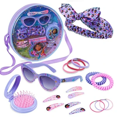Abbildung von Disney Handtasche Mädchen mit Haarreif, UV Sonnenbrille &amp; Haaraccessoires, Schultertasche Set Geschenke für (Lila/Rosa Encanto)