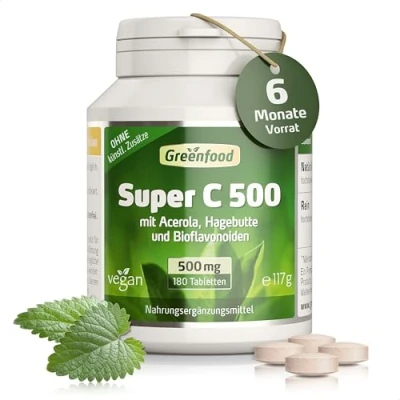 Abbildung von Super C, 500 mg Vitamin hochdosiert, 180 Tabletten mit Acerola, Hagebutte und Bioflavonoiden, für das Immunsystem. Ohne künstliche Zusätze. Gentechnik. Vegan.