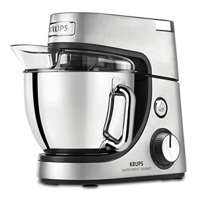 Abbildung von Krups KA631D Küchenmaschine Master Perfect Gourmet 1100 Watt 8 Geschwindigkeiten 4,6L Edelstahlschüssel 5 Zubehör: Back Set, Flex Bowl, Schnitzelwerk Edelstahl gebürstet