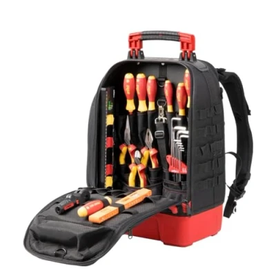 Abbildung von Wiha Elektriker Werkzeugrucksack 27 tlg. I mit Grundausstattung stabiler Standboden Laptopfach Taschen für Zubehör (45528)