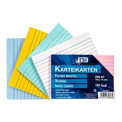 Abbildung von TSI Karteikarten farbig sortiert, 100er Packung, liniert, Größe: DIN A7 (105 x 74 mm), Art. Nr. 65897