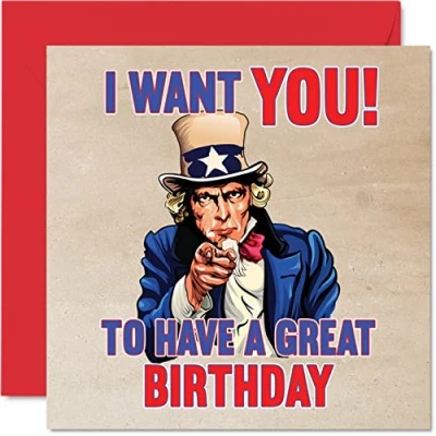 Abbildung von Lustige Geburtstagskarten für Männer und Frauen Onkel Sam USA Armee Poster Happy Birthday Karte Mama, Vater, Bruder, Schwester, Oma, Kindermädchen, Großvater, 145 mmx145 mm 30., 70., 80. Tag
