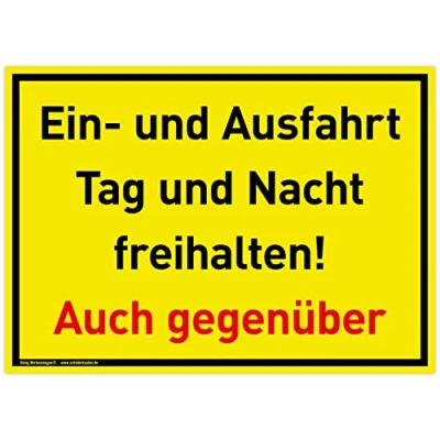 Abbildung von Großes Schild Ein und Ausfahrt 42x30cm wetterfestes PVC mit UV Schutz signalgelb Tag Nacht freihalten Auch gegenüber Einfahrt freihalten,