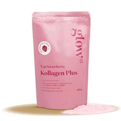 Abbildung von Glow25® Collagen Plus Pulver Strawberry [450g] Kollagen Hydrolysat Mit Vitamin C, Zink und Biotin Peptide Typ 1 3 Speziell für Wasser entwickelt Erdbeer Geschmack