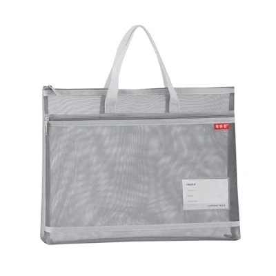 Abbildung von Dokumententasche Netztasche mit Doppel Reißverschluss 36 x 28 CM, A4 Zip Beutel Mesh Bag Reisetasche aus Netzstoff Griff Groß Etiketten Schüler Büro Liefert Grau