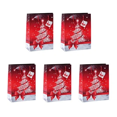 Abbildung von SIGEL GT023 mittelgroße Papier Geschenktüten 23 x 17 cm 5er Set rot Weihnachten &quot;Sparkling tree&quot;