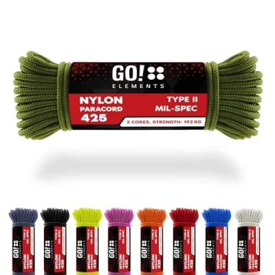 Abbildung von GO!elements 15m Paracord Seil aus reißfestem Nylon 3mm 425 Typ II max. 192kg Schnüre als Outdoor Seil, Allzweckseil, Survival Armband, Hundeleine, Nylonschnur, Farbe: Oliv