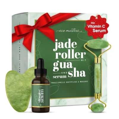 Abbildung von Jade Roller &amp; Gua Sha Stein mit Vitamin C Serum Premium Set für Gesichtsmassage Massage gegen Augenringe Falten Gesichtspflege Skincare Gesichtsmassagegerät Frauen