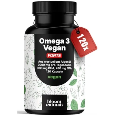 Abbildung von Omega 3 Kapseln Hochdosiert FORTE Vegan 120 2000mg Algenöl 630 mg DHA &amp; 420 EPA Produziert in Deutschland Laborgeprüft
