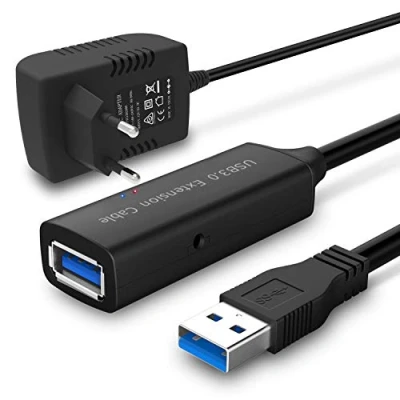 Abbildung von RSHTECH USB 3.0 Verlängerung Kabel mit 5V2A Netzteil aktiv 10M Verlängerungskabel Super Speed A auf Buchse Signalverstärker 5 GBit/s Repeater Schwarz