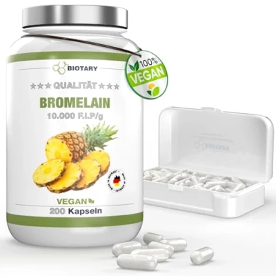 Abbildung von Bromelain 200 Kapseln 500 mg 10000 F.I.P/g 5000 GDU/g Vitamin C 7 Monate Vorrat Hochdosiert inklusive Pillenbox 100% Vegan Rein pflanzlich Laborgeprüft Made in Germany