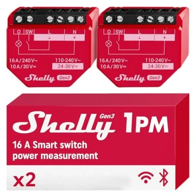 Abbildung von Shelly 1PM Gen3 2 Pack WLAN Relais Schalter mit Strommessung 16A Lichtsteuerung Alexa Google Home, Matter Kompatibel iOS Android App Kein Hub erforderlich