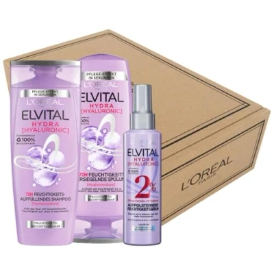 Abbildung von L&#039;Oréal Paris Elvital Hydra Hyaluronic feuchtigkeitsspendendes Pflege Set mit Shampoo, Spülung &amp; Leave In Serum für glänzendes Haar, Hyaluron einen Feuchtigkeitsboost, Glanz Schutz, 3 teilig