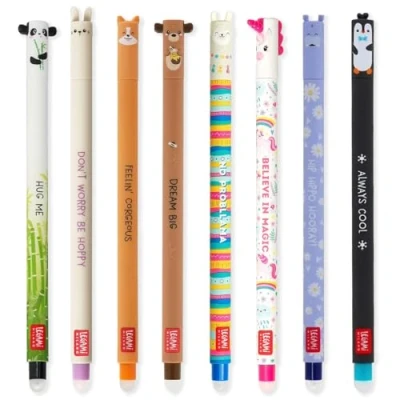 Abbildung von LEGAMI Set mit 8 radierbaren Gelstiften thermoempfindlicher Radiertinte, verschiedene Tintenfarben und Schaftdesigns, 0,7 mm Spitze, Hase, Löwe, Corgi, Panda, Pinguin, Lama, Nilpferd, Hai