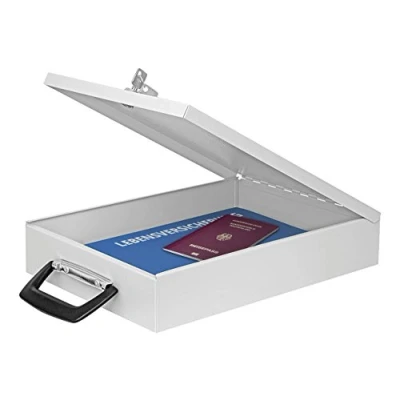 Abbildung von Wedo 1021537 Dokumenten Kassette A4, 35,5 x 26 6,7 cm, Sicherheitsschloss, 2 Schlüssel, Koffergriff, anschraubbar, Stahlblech, lichtgrau