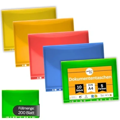 Abbildung von perfect line 10 Dokumententaschen DIN A4, 5 Farben, Sammelmappe mit Klettverschluss, stabile Dokumentenmappe