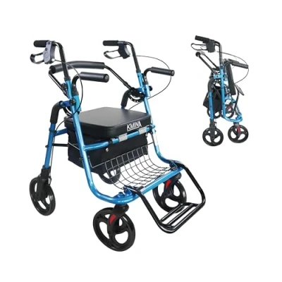 Abbildung von KMINA Rollator Rollstuhl 2 in 1 für Glatte Böden, mit Sitz und Korb, Rollatoren Senioren Faltbar, Rollator, Einem Blau