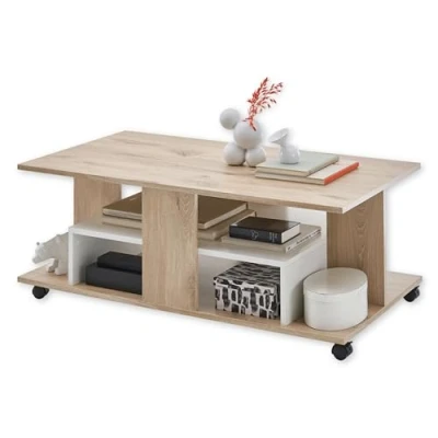 Abbildung von Stella Trading Marti Couchtisch auf Rollen in Rima Oak Optik, Weiß Mobiler Sofatisch für Ihr Wohnzimmer 110 x 42,5 60 cm (B/H/T)