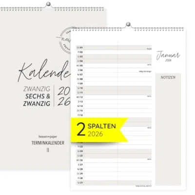 Abbildung von heaven+paper Paarplaner 2 Spalten Minimalistisches Design A4 Kalender für zwei 2026 mit Feiertagen, Schulferien, Mond Wandkalender Familienkalender (Cozy, Spalten)