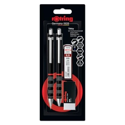 Abbildung von Rotring Tikky Set aus Feinminenstift, Kugelschreiber, Radierer und Ersatzminen Bleistift mit HB Mine, 0,5 mm Schaft in Schwarz Leicht gummierter Griffzone