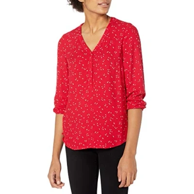 Abbildung von Amazon Essentials Damen Popover Hemd mit 3/4 Ärmeln und Knöpfen, Rot Leafy Floral, S