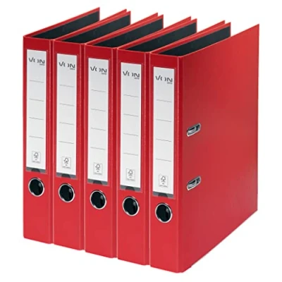 Abbildung von VON Leitz 5er Pack Ordner A4, Karton mit Kunststoffeinband, 50 mm Rückenbreite, Für 350 Blatt, FSC zertifizierter Karton, Schule, Studium &amp; Haushalt, Rot, 10561025