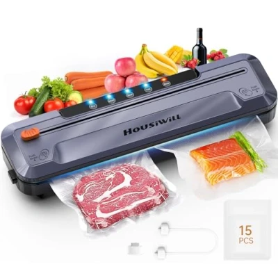 Abbildung von Housiwill Vakuumiergerät, 5 in 1 Vakuumierer mit Eingebauter Cutter, Folienschweißgeräte für Lebensmittel for Dry/Moist Food Preservation Mode, 15 Vakuumbeuteln und Schlauch Vacuum Sealer