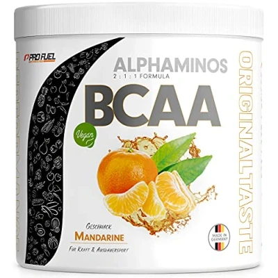 Abbildung von BCAA Pulver 300g Mandarine, TESTSIEGER Alphaminos 2:1:1 Drink, unfassbar leckerer Geschmack, Essentielle Aminosäuren Leucin, Isoleucin &amp; Valin, 100% vegan Top Löslichkeit Laborgeprüft
