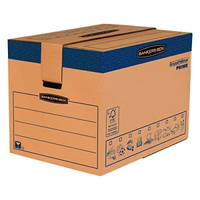 Abbildung von BANKERS BOX Umzugskarton SmoothMove, Heavy Duty, aus doppelt verstärkter Wellpappe mit Tragegriffen, schneller FastFold Aufbau ohne Klebeband, 127 Liter, 45.5 x 60.5 cm, 5 Stück