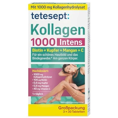 Abbildung von tetesept Kollagen 1000 Intens 3 x 30 Tabletten Nahrungsergänzungsmittel mit Kollagen, Vitamin C, Biotin, Kupfer &amp; Mangan Für das Bindegewebe und ein schönes Hautbild