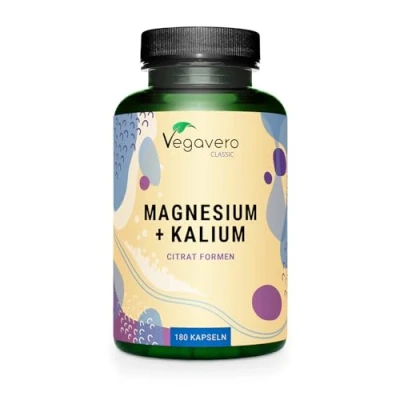 Abbildung von Magnesium + Kalium PREMIUM: Reine Citrat Formen OHNE Zusatzstoffe Hohe Bioverfügbarkeit Elektrolyte Muskeln Blutdruck Energie * Laborgeprüft Vegan Deutsche Produktion von VEGAVERO®