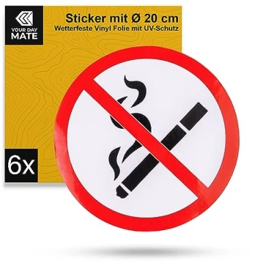 Abbildung von Aufkleber für Rauchen verboten, 6 Stück, Ø 20 cm Durchmesser, selbstklebende Folie, außenklebend, No Smoking Sticker, Verbotsschild Zigaretten, Verbotszeichen nicht erlaubt, Zigarettenverbot
