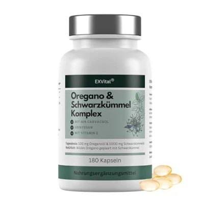 Abbildung von EXVital® Oregano &amp; Schwarzkümmelöl Komplex, 180 vegane Kapseln, 100 mg Oreganoöl 1000 pro Tag, 80% Carvacrol, hochdosiert Ohne Zusätze