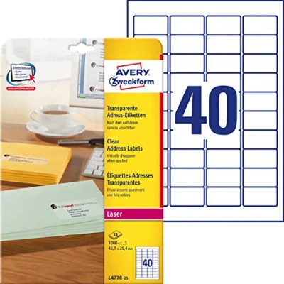 Abbildung von AVERY Zweckform L4770 25 Adressetiketten/Adressaufkleber (1.000 Etiketten, 45,7x25,4mm auf A4, bedruckbar, selbstklebend, für Absenderetiketten, durchsichtige Polyesterfolie) Blatt, transparent