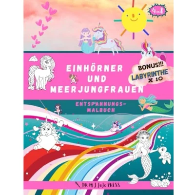 Abbildung von Einhorn und Meerjungfrau Malbuch für Kinder von 4 8 Jahren: Fröhliche, Süße Freundliche Bilder zum Ausmalen Ausschneiden,Ausmalheft ist ein Perfektes Geschenk Mädchen