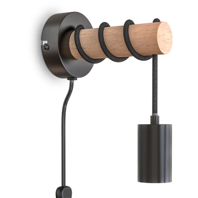 Abbildung von B.K.Licht Wandleuchte Innen mit Kabelschalter, Holzapplikation, E27 Fassung, 10 Watt, Wandlampe innen, Wandstrahler, Wandlicht, Wandbeleuchtung, Schlafzimmer, Flurlampe, 9,6x18,5 cm, Schwarz