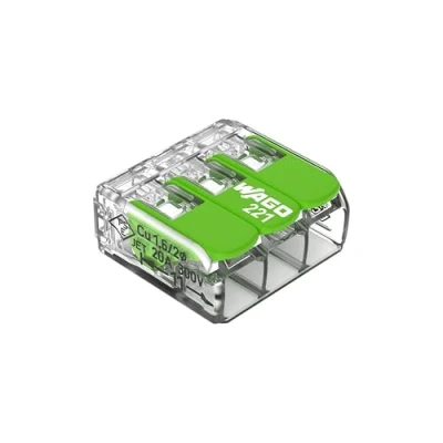 Abbildung von WAGO Green Range Klemme 3 Leiter I bis 4mm² Verbindungsklemme mit Hebeln für alle Leiterarten steckbar 221 423 50 Stück